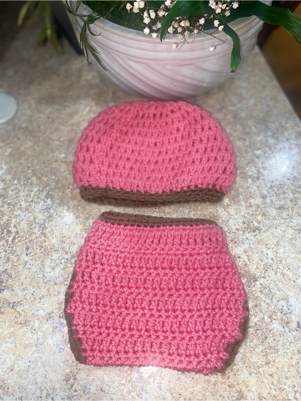 Handmade Pink Crochet Diaper Cover Set with Brown Trim and Beautiful Brown Bow